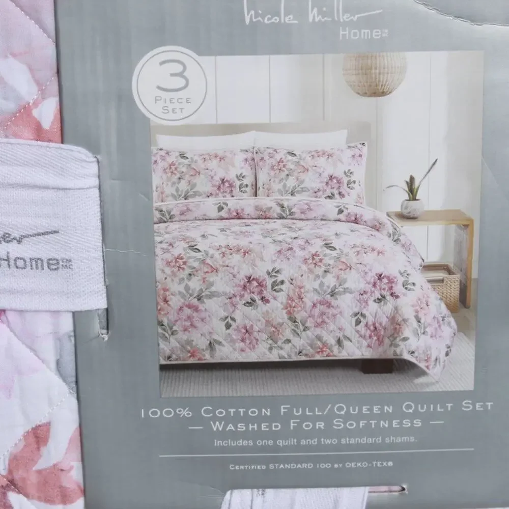 Nicole Miller Home 3 Piece Quilt Set Bedding Full/Queen Floral Print 100% Cotton